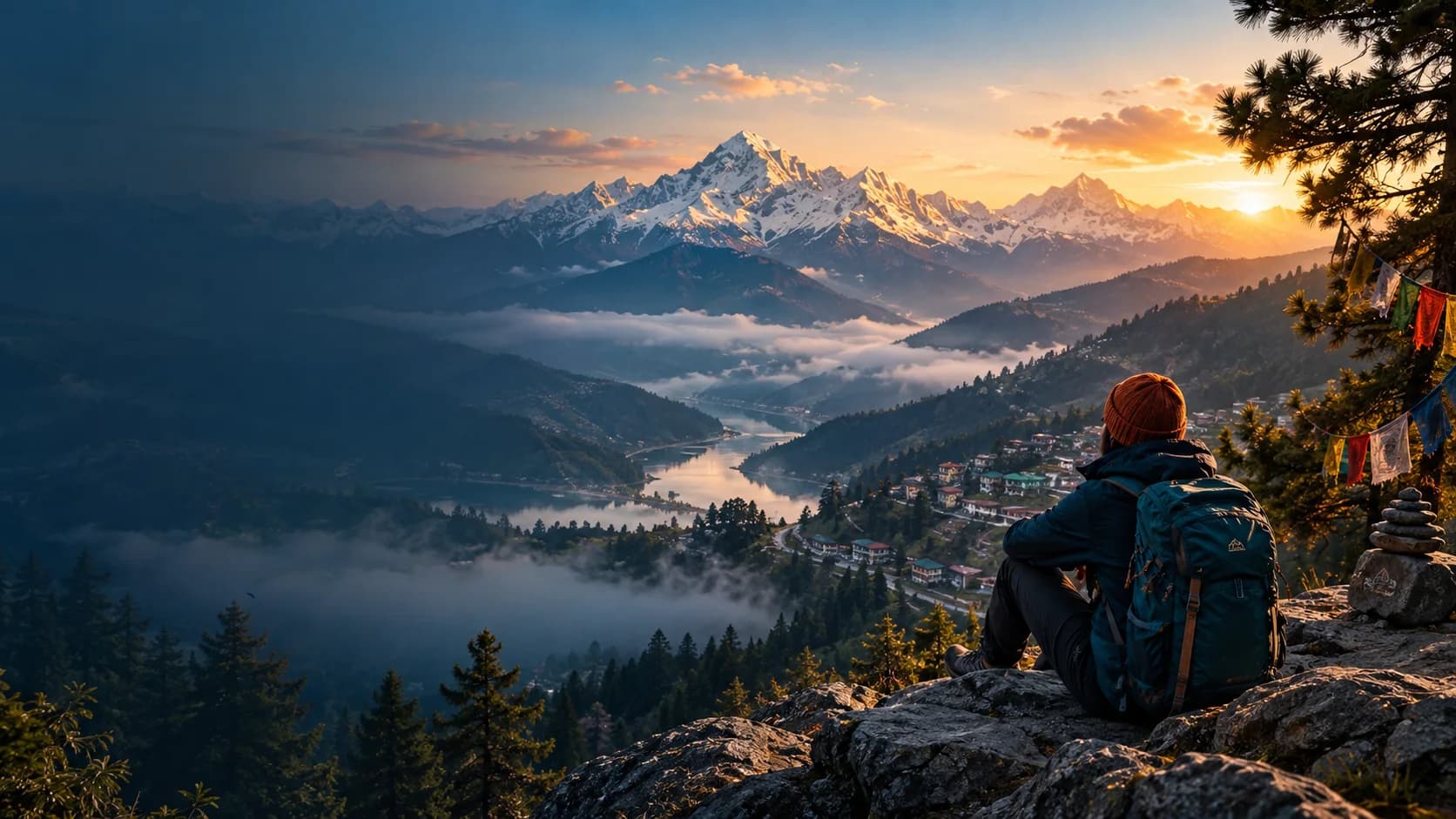 Himalayan mountain landscape at sunrise